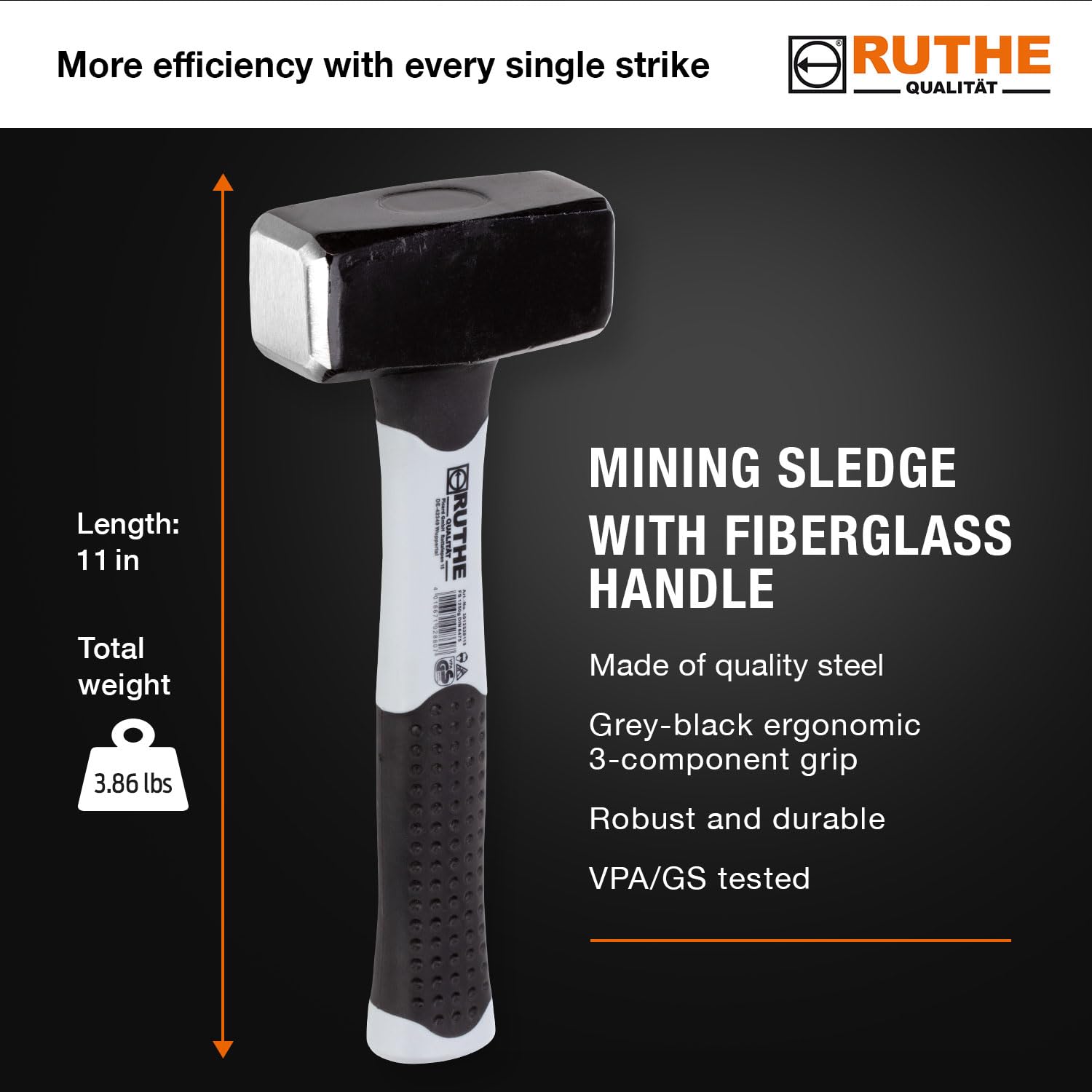 RUTHE martillo Fiberglas 1.500 g | Martillo profesional según DIN 6475 | Hammer y martelo con cabeza de acero de calidad lacada en negro | Núcleo fibra casi irrompible