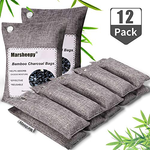 Marsheepy 12 Pack Bamboo Charcoal Bags,Car Air Fresheners, Charcoal Odor Absorber, Shoe Deodorizer Bags, Odor Eliminator for Home, Pets, Car, Closet (200g X 2 and 75g x 10)