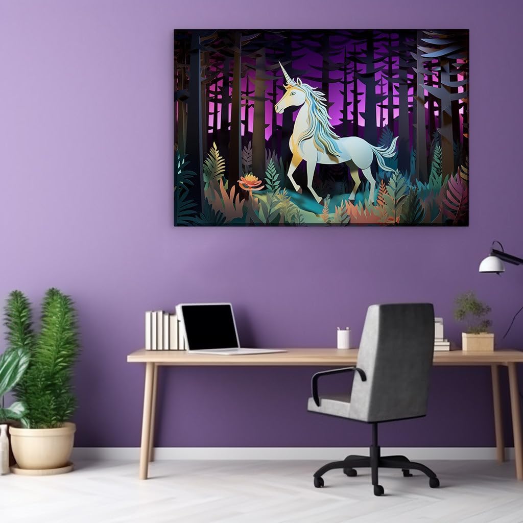 Canvas for Living room. Enchanted Forest Nights: A Glimpse of the Mythical White Unicorn, 27 x 18 inch Canvas Wall Art - Watercolor Painting - Modern Home Decor - 69x46 cm (27x18 inch)