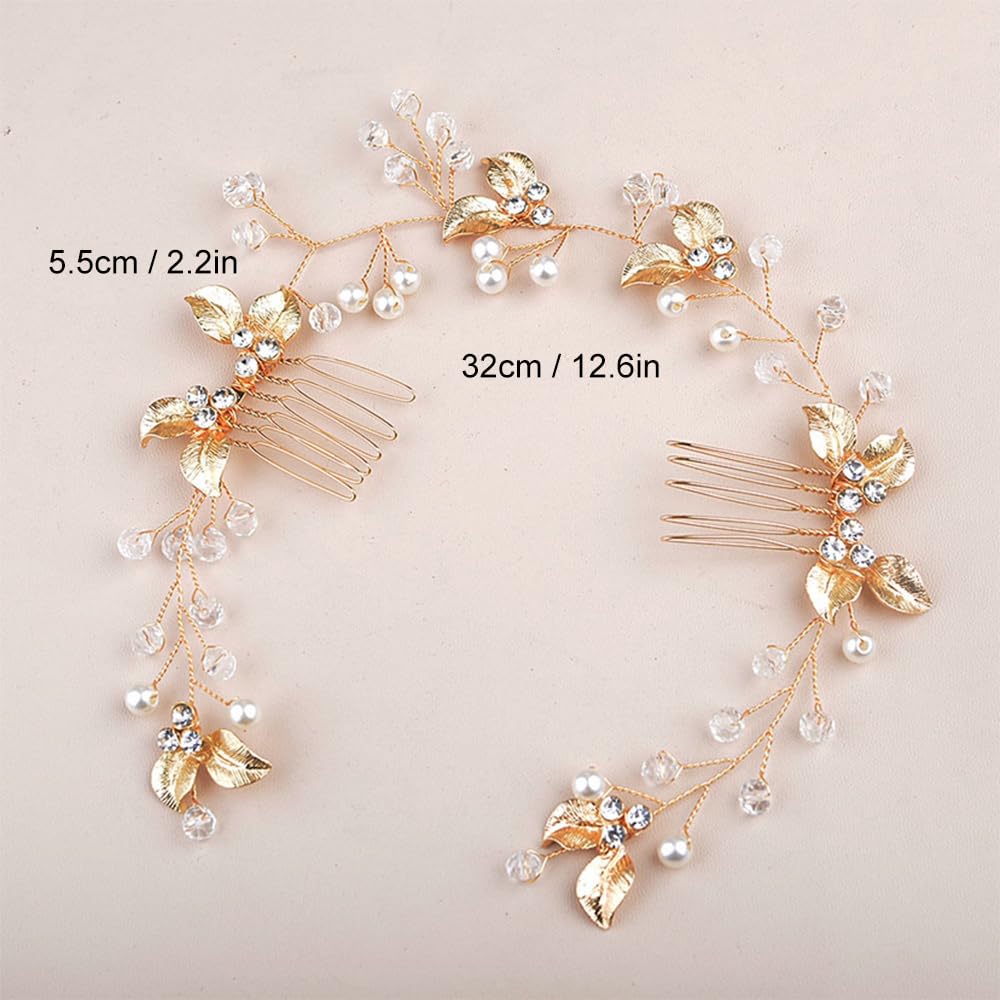 4 Piezas Peine para el Cabello Nupcial Horquillas Pelo Boda de Diamantes de Imitación y Perlas Hojas Tiara Nupcial Accesorios para Novias y Damas de Honor (Dorado)