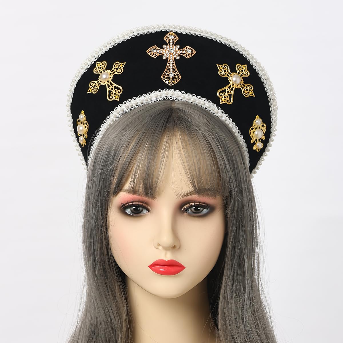 BPURB Tudor Queen Coronet Hooded Hat for Women Anne Boleyn Hat Headwear Elizabethan Headwear French Royal Headband for Cosplay Party Black - Image 3