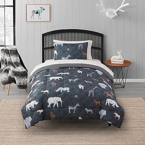 Image of Kids Bedding Set Bed in a Bag for Boys and Girls Toddlers Printed Sheet Set and Comforter, Twin, Safari
