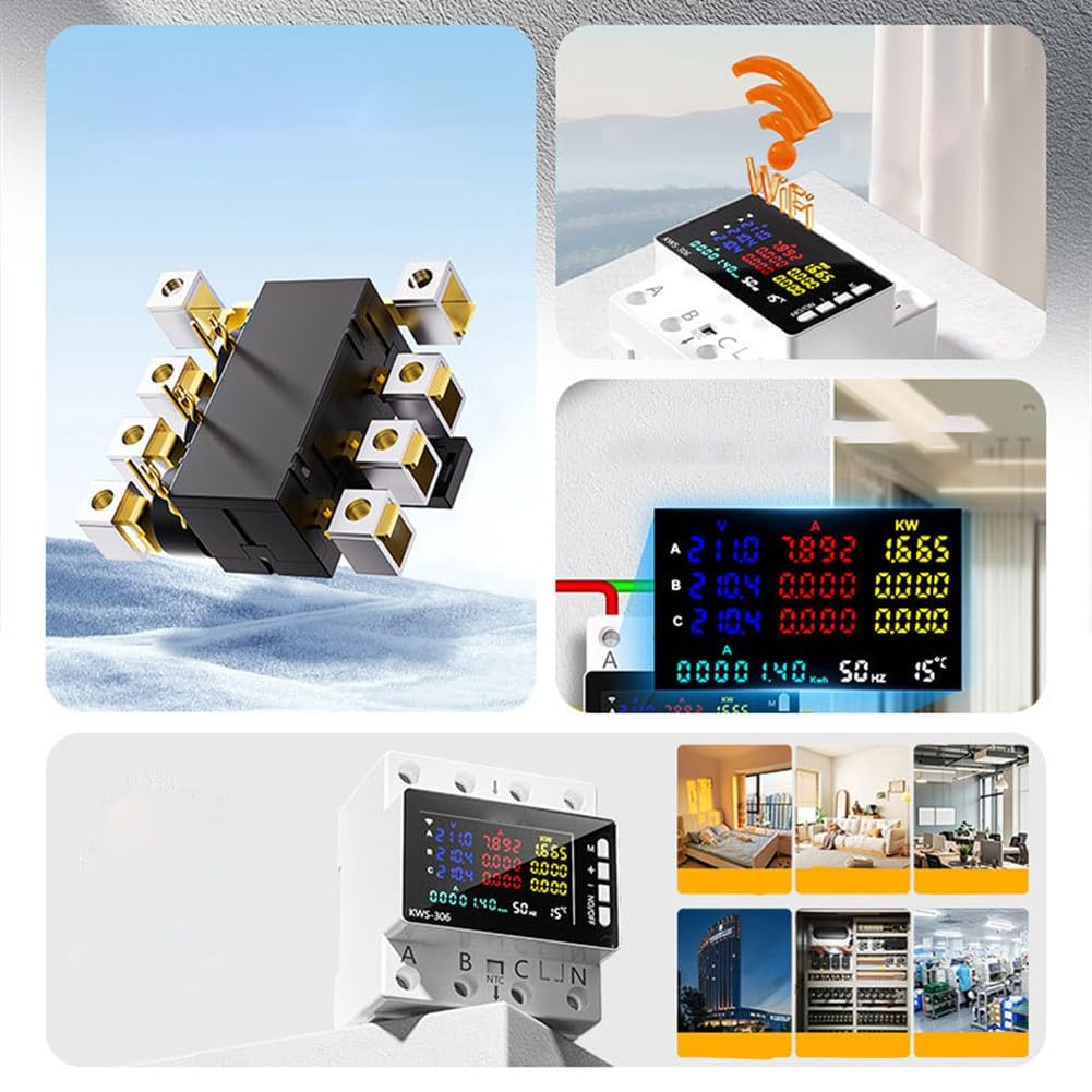 Misuratore di energia trifase su guida DIN con display LCD, AC 85-290V, 0-80A, sovratensione e corrente per protezione casa, fabbrica e armadi di distribuzione