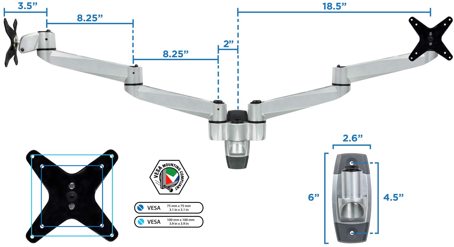 MountIt! Brazos de montaje en pared modulares de doble monitor | Inclinación giratoria VESA montaje en pared | Se adapta a pantallas de computadora 13 15 17 19 21.5 24 27 pulgadas con patrones VESA