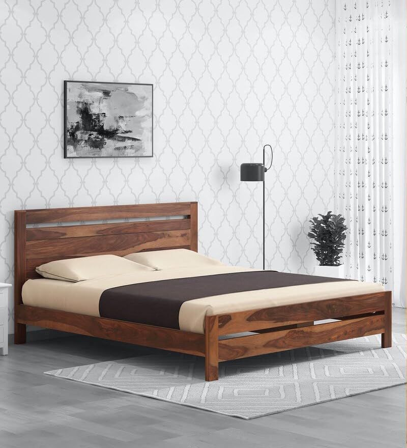 Image of SANKAT MOCHAN Industries Solid SHEESHAM Honey Brown Wooden King Size Bed Double Bed Furniture for Bedroom Living Room (Honey Finish) Matters Size (6 * 6.5) (King (U.K. Standard))