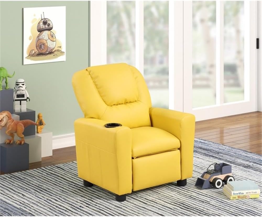 Lilola Home Marisa 23" W Yellow PU Leather Kids Recliner Chair with Cupholder