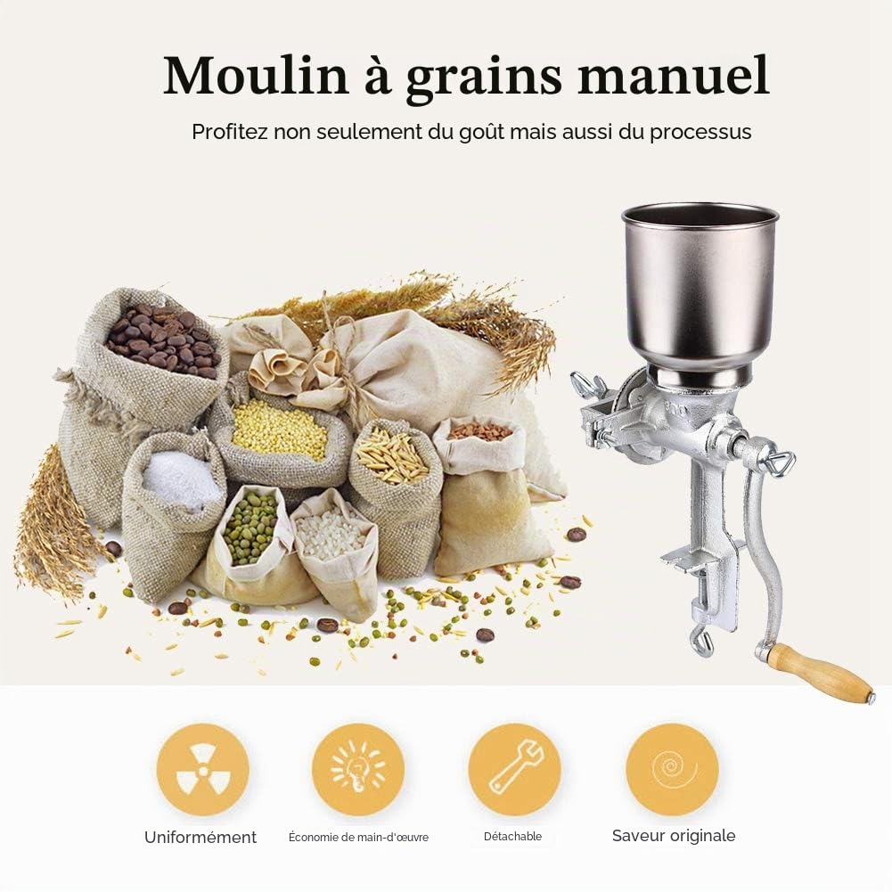 Moulin à céréales Manuel, Moulin à maïs Portable Moulin à Grain Manuel Broyeur à Café avec manivelle pour maïs Grains de café cacahuètes Avoine