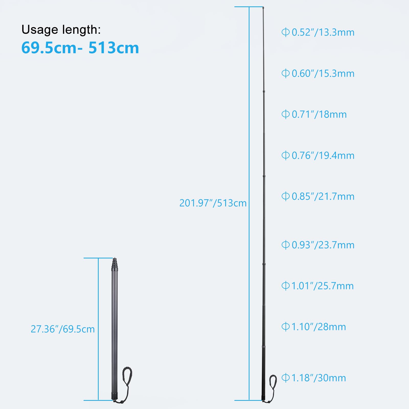 ARTCISE Bastone per selfie lungo in fibra di carbonio, 500 cm, asta di estensione per selfie monopiede per GoPro Hero per DJI Osmo Action per Osmo Pocket per Insta360 per fotocamera