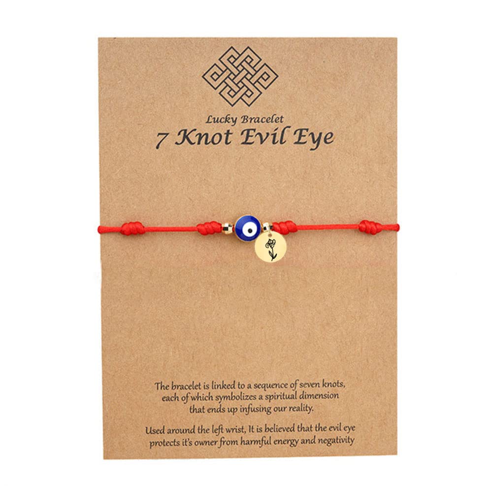 JczR.YRed Evil Eye Bracelets for Women 7 Knot Strings Evil Eye Bracelet Birth Month Flower Bracelet Good Luck String Engraved Birthday Flower BOjo Bracelet Coin Charm