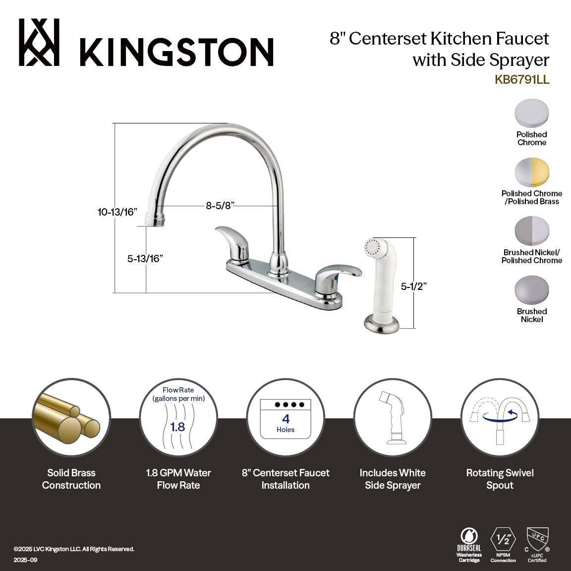 Kingston Brass KB6791LL Legacy Grifo de cocina con boquilla de cuello de ganso con pulverizador blanco, 8-3/4 pulgadas, cromo pulido