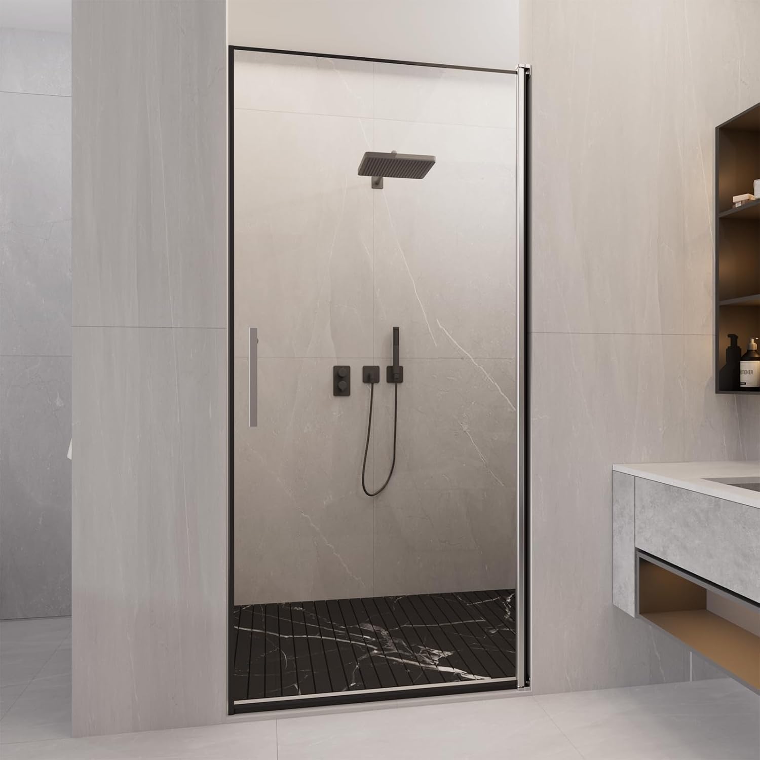 Pivot Shower Door 34" Wx72 H, Frameless Reversible Design, 1/4" Clear Tempered Glass & Shatter Proof Film, Stainless Steel Handle, Water Protection Seal Stripes Plus Glass-Fixing Aluminum Stripe