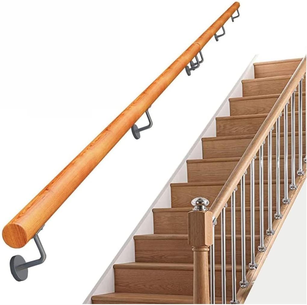 WYNWJ Staircase Handrail Rail Banister Kit,Stairs Bracket Complete Kit for Indoors and Outdoors Steps Round Solid Wood Non-Slip Design Handle/140Cm/55Inch - - 