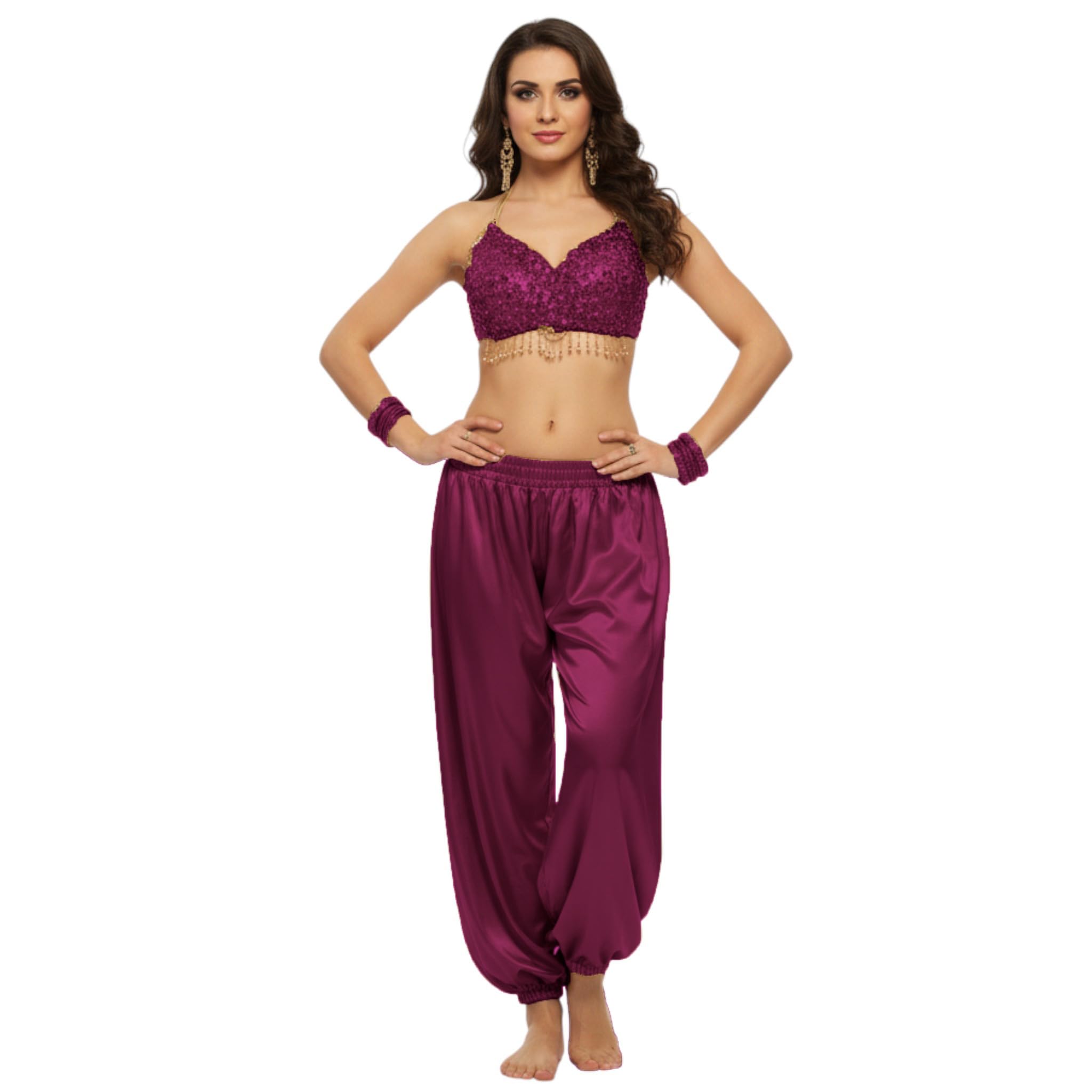 MEEK MERCERY BY KF Satin Belly Dance Harem Boohoo Pant – Elastic Waist, S to 5XL – 41 Colours – Flowing Performance Costume for Stage, Bollywood, Cosplay, Festival & Lounge Wear Violet Red