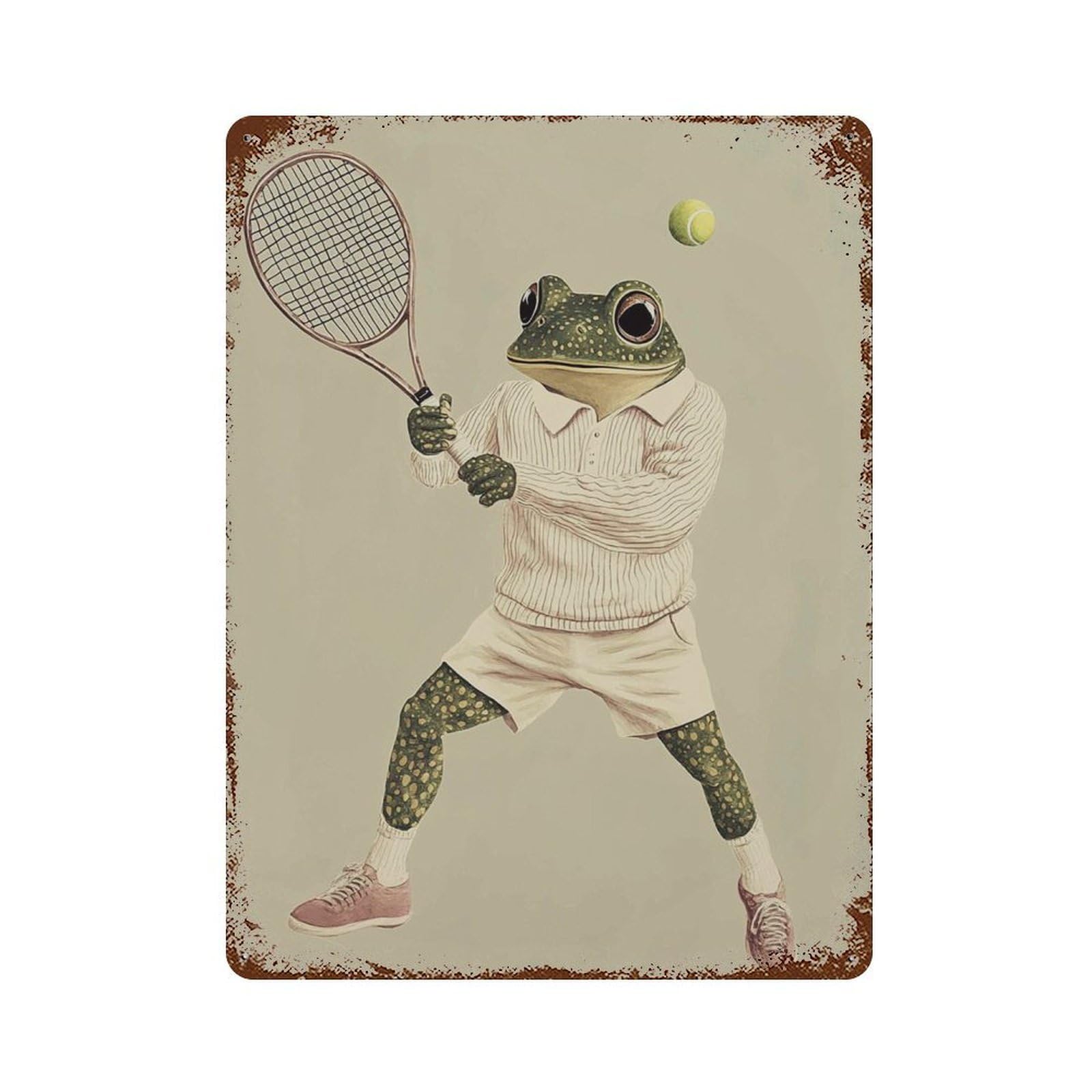 xiaoxiaoshen Funny Frog Tennis Whimsical Amphibian in Sportswear Animal Playing Quirky Sports Wall Decor Art Metal Tin Poster Modern Home Decor Art Home Bar Shop Decorations Vintage Sign 40x30cm