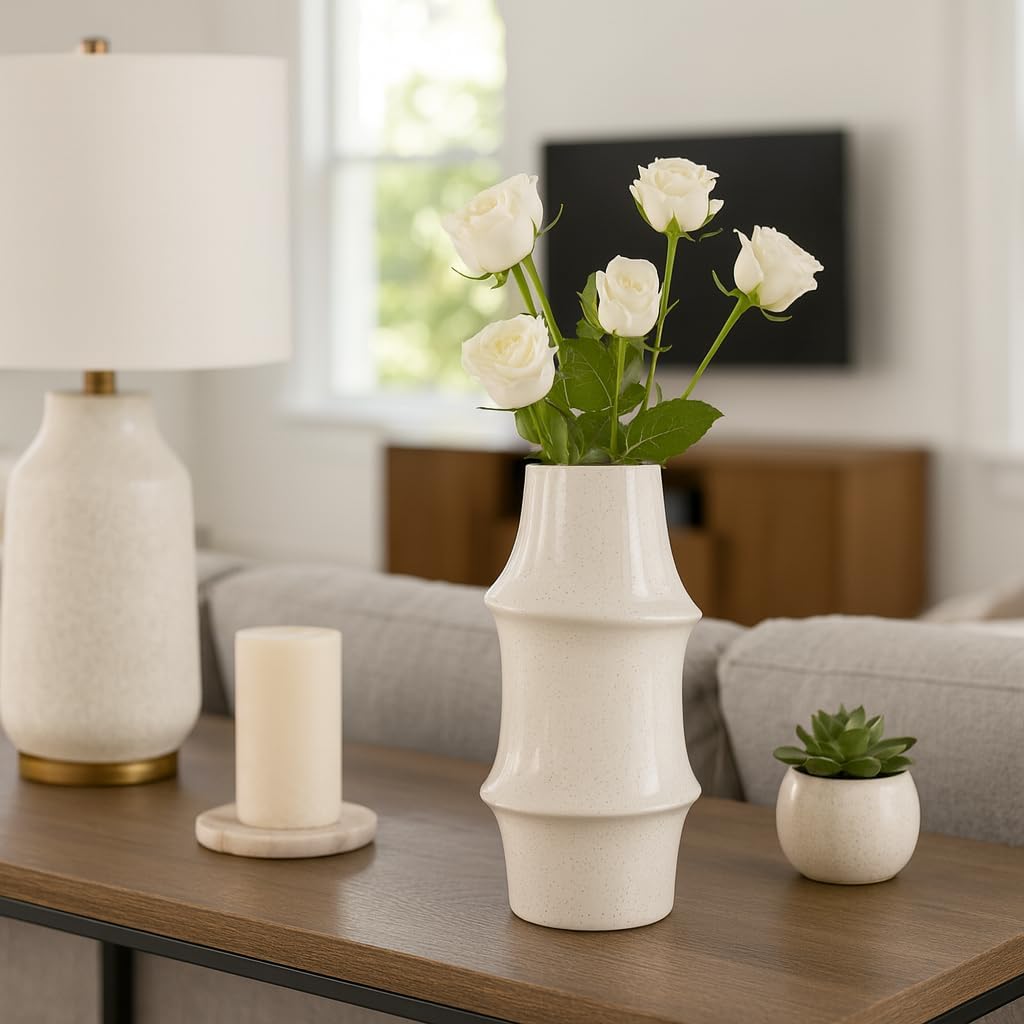 Ceramic Vase for Living Room Decor – Minimalist Flower Vase with Speckled Finish and Ringed Detail Ideal for Fresh Flowers and Greenery – Perfect for Bedroom, Table, Home, or Office Decor – 12" Ivory