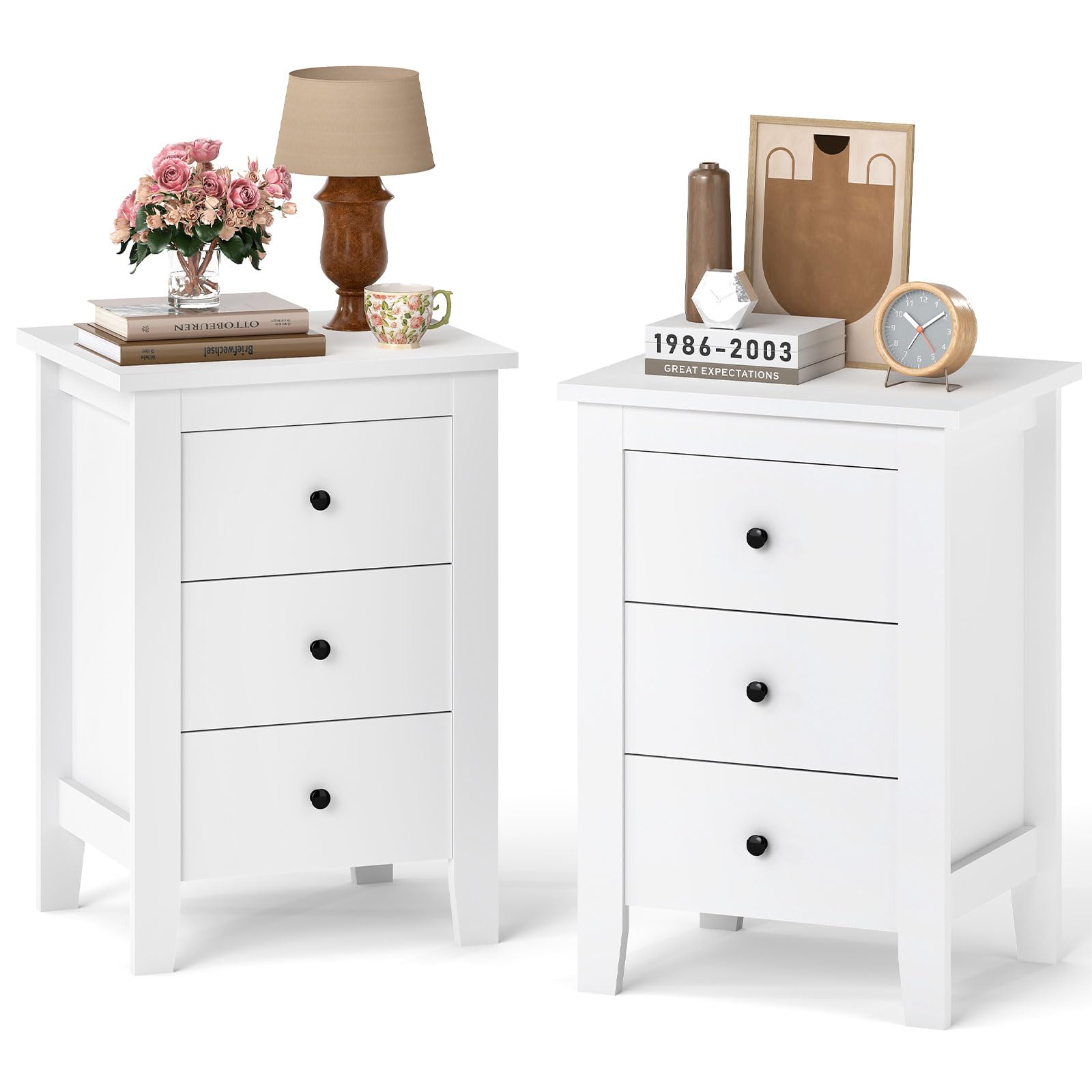 Nightstands Set of 2 with 3 Drawers, Wood White Night Stand Bedside Table w/Storage Drawer & Round Metal Knobs, Modern End Side Table for Dorm Bedroom Small Spaces, 14.5" D x 18" W x 26" H