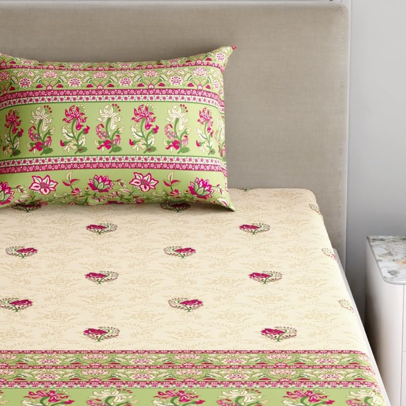 Image of Home Ecstasy 100% Cotton Single Bedsheet with 1 Pillow Cover - (Size 59 x 87 inches, TC, Colour - Green)