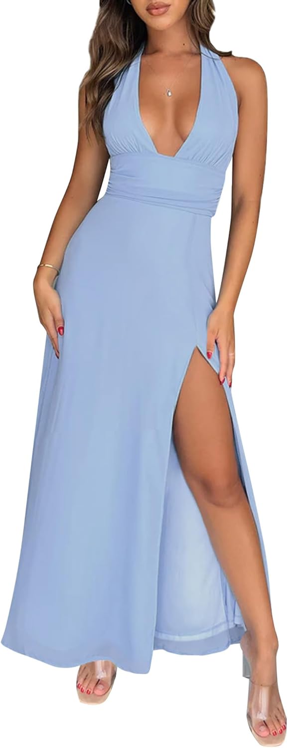 Women's Sexy V Neck Halter Maxi Dress Ruched Waist Tie Backless Summer Flowy Slit Wedding Cocktail Party Long Dresses