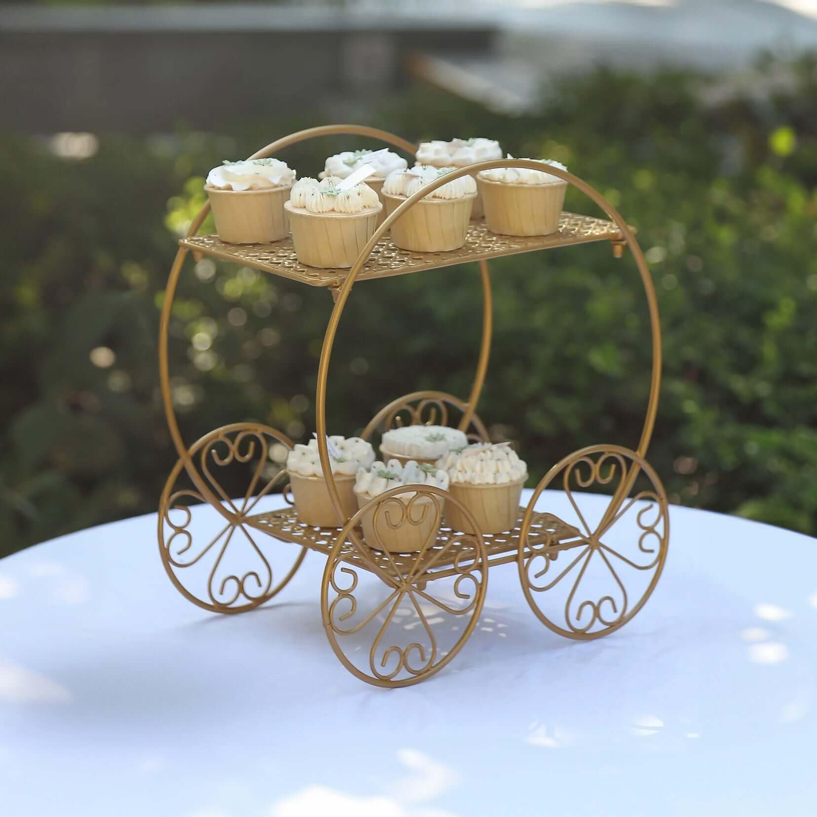 Efavormart 2-Tier Gold Metal Princess Carriage Cupcake Dessert Display Stand, Cinderella Carriage Wedding Cake Stand - 14"
