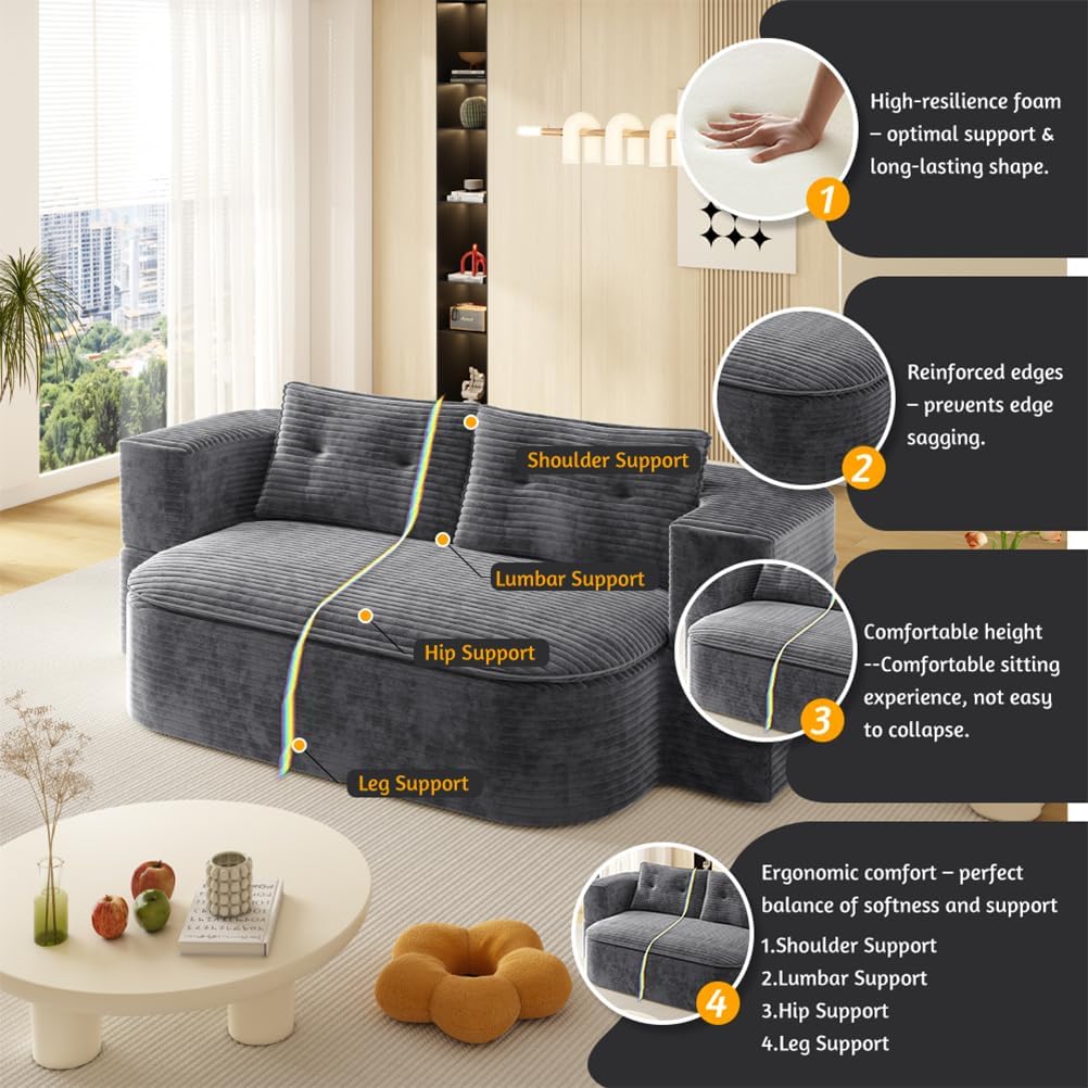 78.7" Convertible Sofa Bed, 2-in-1 Folding Floor Couch with 2 Pillows and Blanket, Plush Corduroy Fabric Sleeper Sofa for Living Room and Bedroom, No Assembly Required (Dark Grey)