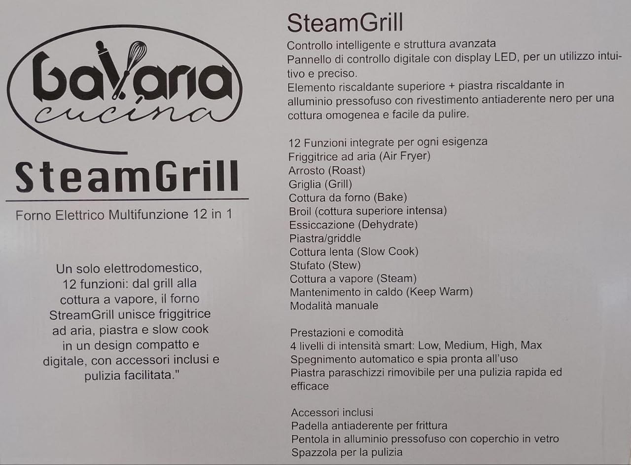 Forno Multifunzione SteamGrill 12 in 1 con Controllo Touch | Grill, Vapore, Air Fryer, Slow Cook | Potente, Versatile e Salvaspazio – Accessori Inclusi