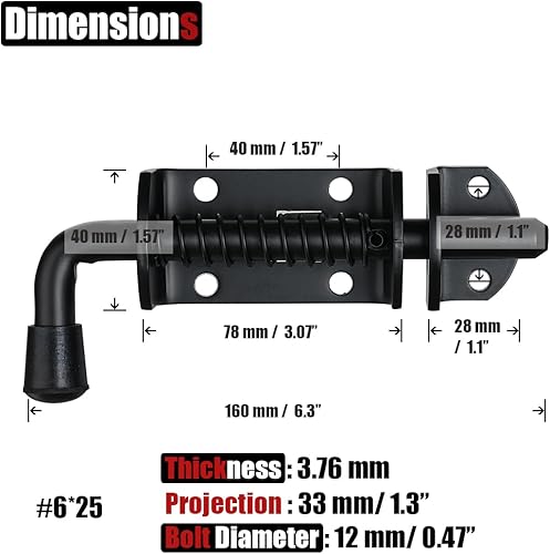 Miniatura 2 de JQK Pestillo de perno de barril con resorte, cerradura de puerta gruesa de acero inoxidable 304 resistente de 0.118 in, 6.3 pulgadas, negro,
