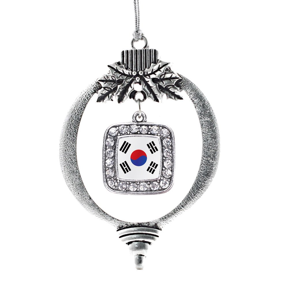 Inspired Silver - Republic of Korea Flag - Silver Christmas Ornament - Square Charm Christmas Tree Ornament with Cubic Zirconia - Holiday Hanging