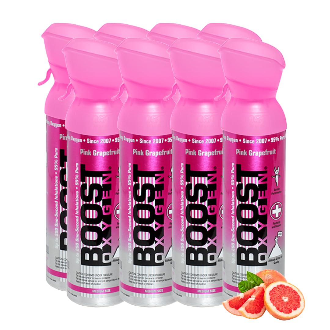 Boost Oxygen - Bombola di Ossigeno Portatile - Bomboletta di Ossigeno Puro e Naturale al 95% - Concentrazione, Recupero, Energia, Umore, Medio - 40Lt,8x5Lt (8x Pacchi - 800 Inalazioni) - Pompelmo Rosa | Bomboletta di Ossigeno Puro al 95% Portatile per Rec