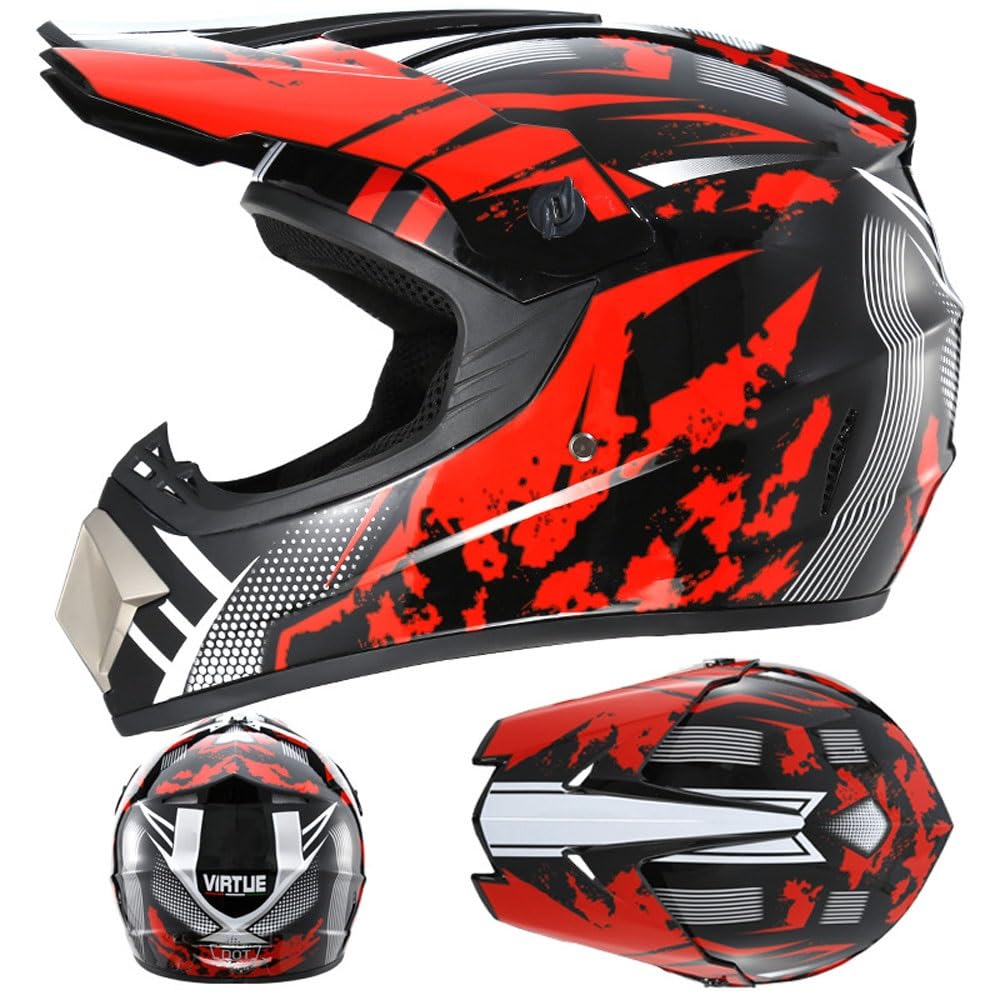 Casque IntéGral VTT/Cross, Casque de Moto Tout-Terrain DOT Pour Jeunes Enfants, Avec Lunettes, Gants Et Masque, Casque de Descente, Bmx, Quad, Dirt Bike(Dark red,M(54-55cm))