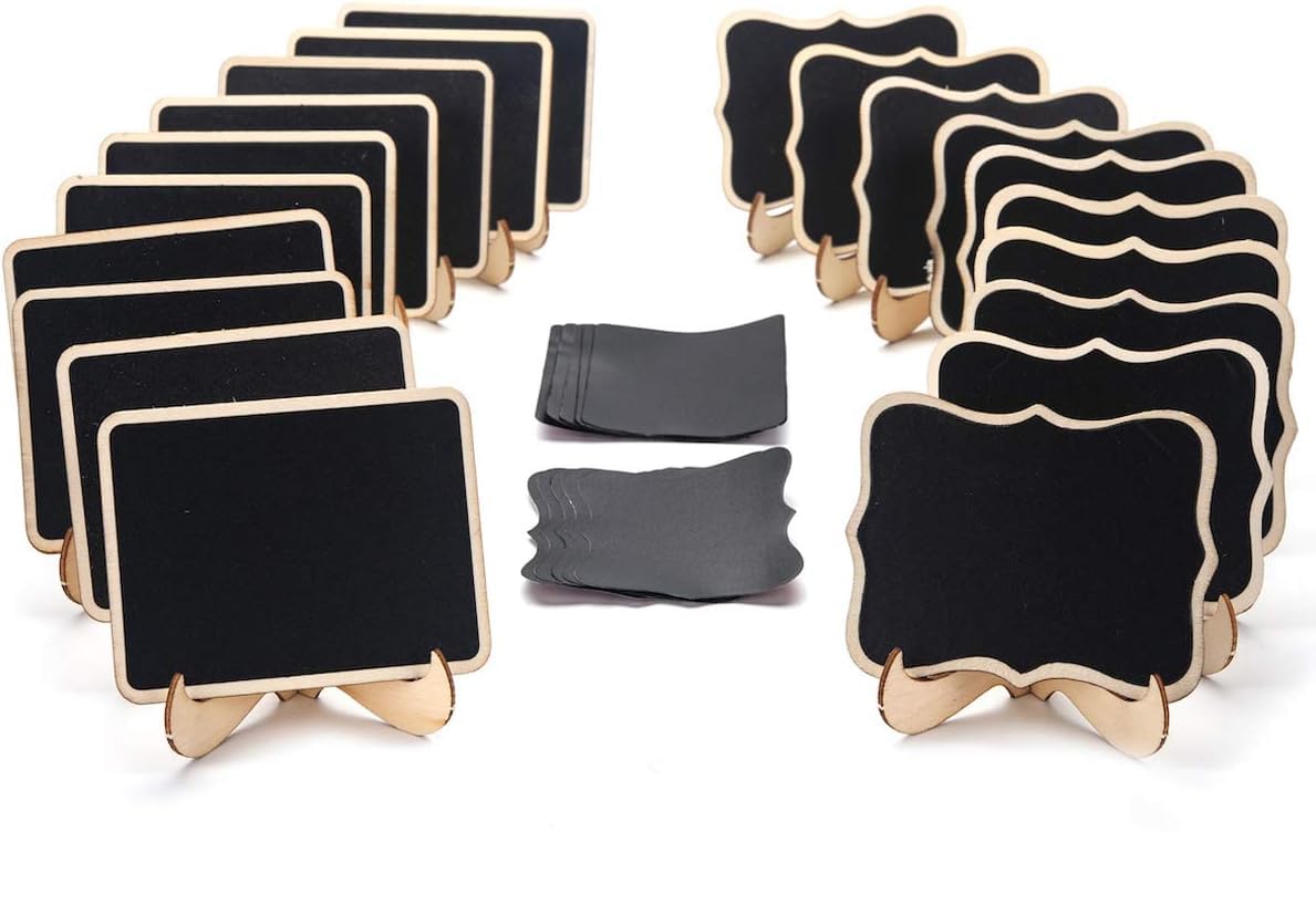 American Elm 20 Pack Mini Rectangle Chalkboard Label, findTop Foot Stand and Hanging Chalk Blackboard Wood Small Message Board for Weddings,Parties,Table Numbers, Food Signs Wooden Mini Chalkborad