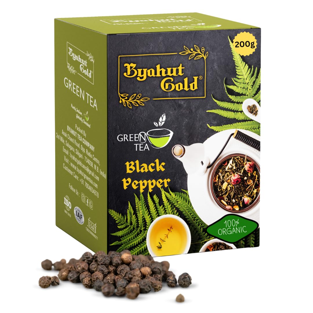 Byahut Gold Organic Black Pepper Green Tea Leaves for Fast, Digestion, Glowing Skin, Cholesterol, Diabetic, Belly Fat, Slimming, Fatty Liver, Heart Disease for Men & Women - 200g (B09S9XGLHH) Amazon Price History, Amazon Price Tracker