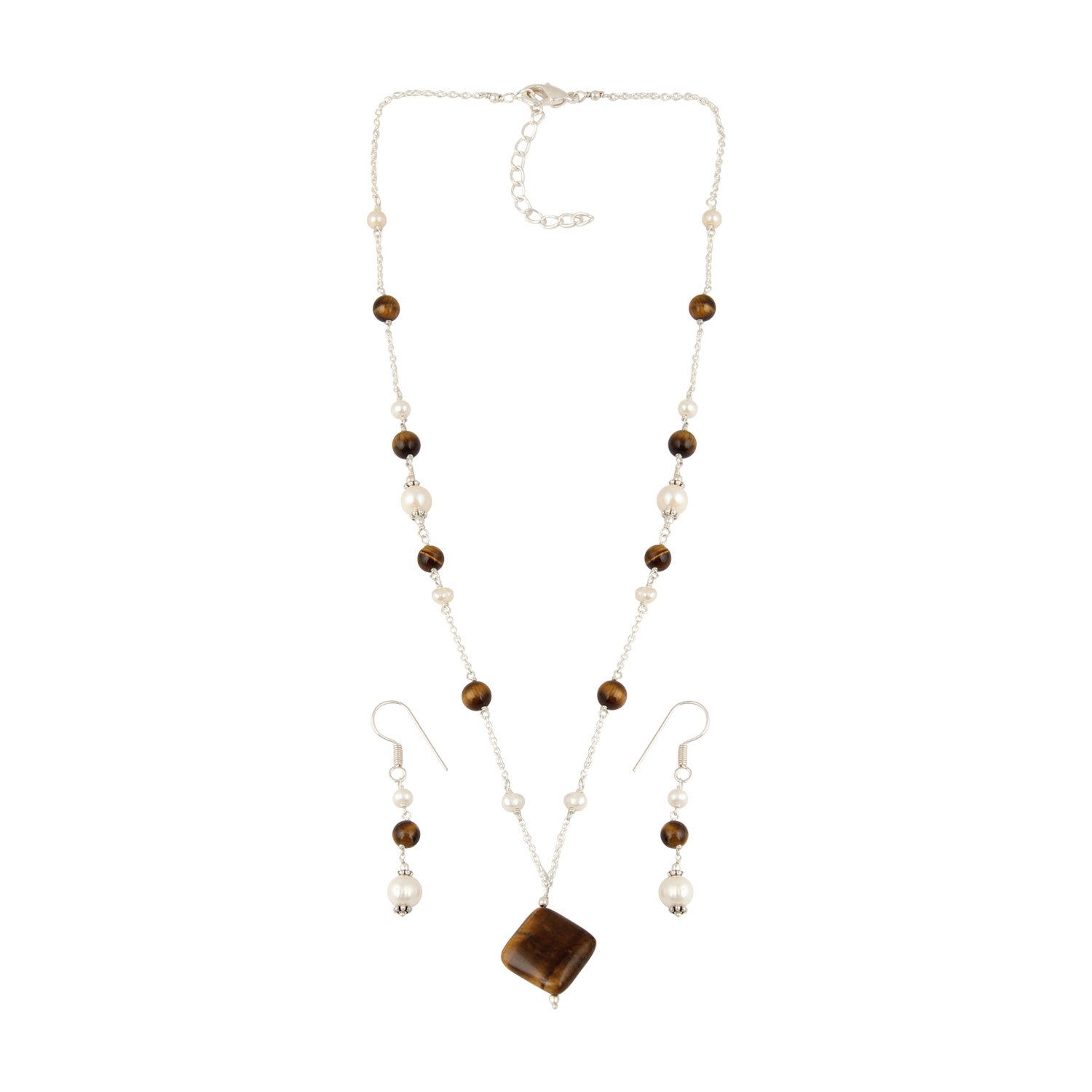 Fresh Water Pearl Tiger's Yellow Eye Long Necklace Set for Girls & Women-image-11