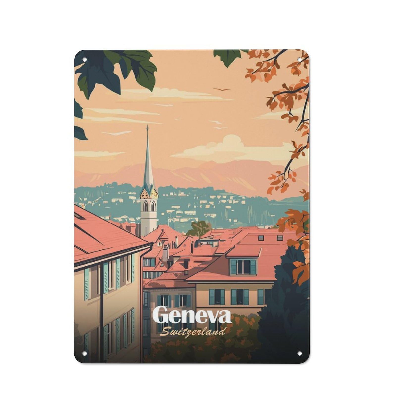 Junmoney Style-18 Retro Geneva Switzerland Cityscape Travel Vintage Metal Sign 40X30cm, Room Wall Plaque For Flat, Dorm Room, Lounge Or Cafe