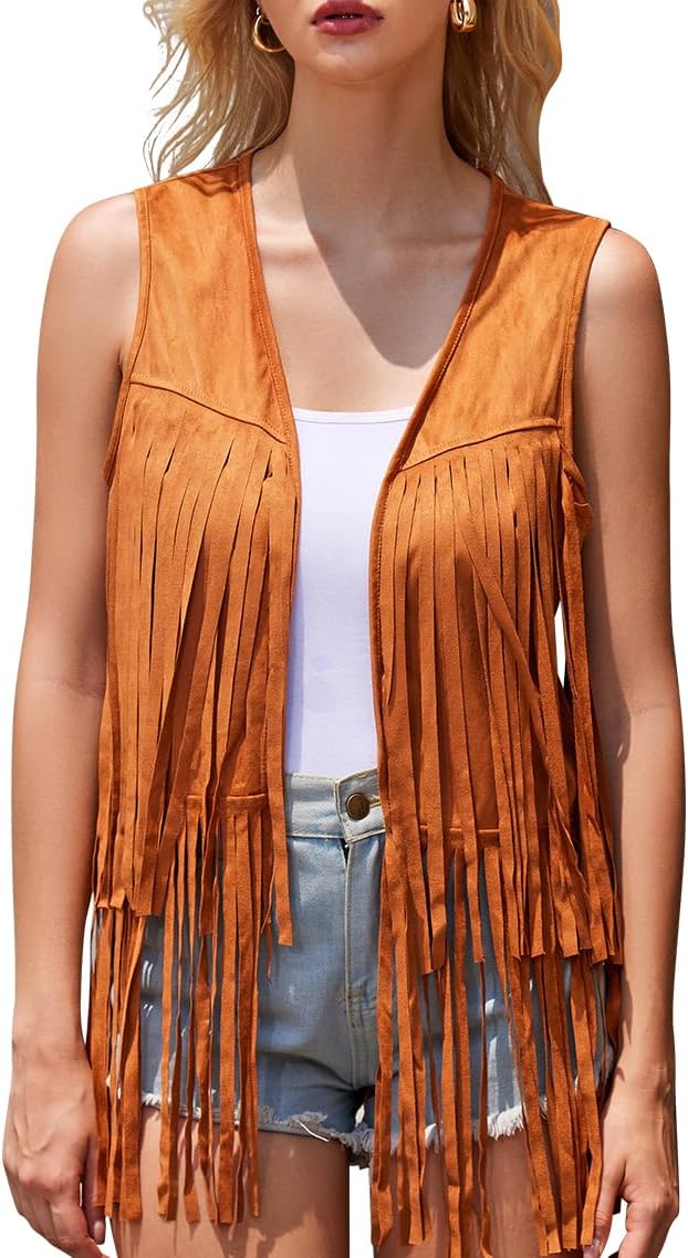 Women's Fringe Vest Cowgirl Western Vest 60s 70s Hippie Faux Suede Tassel Jacket Country Concert Outfits