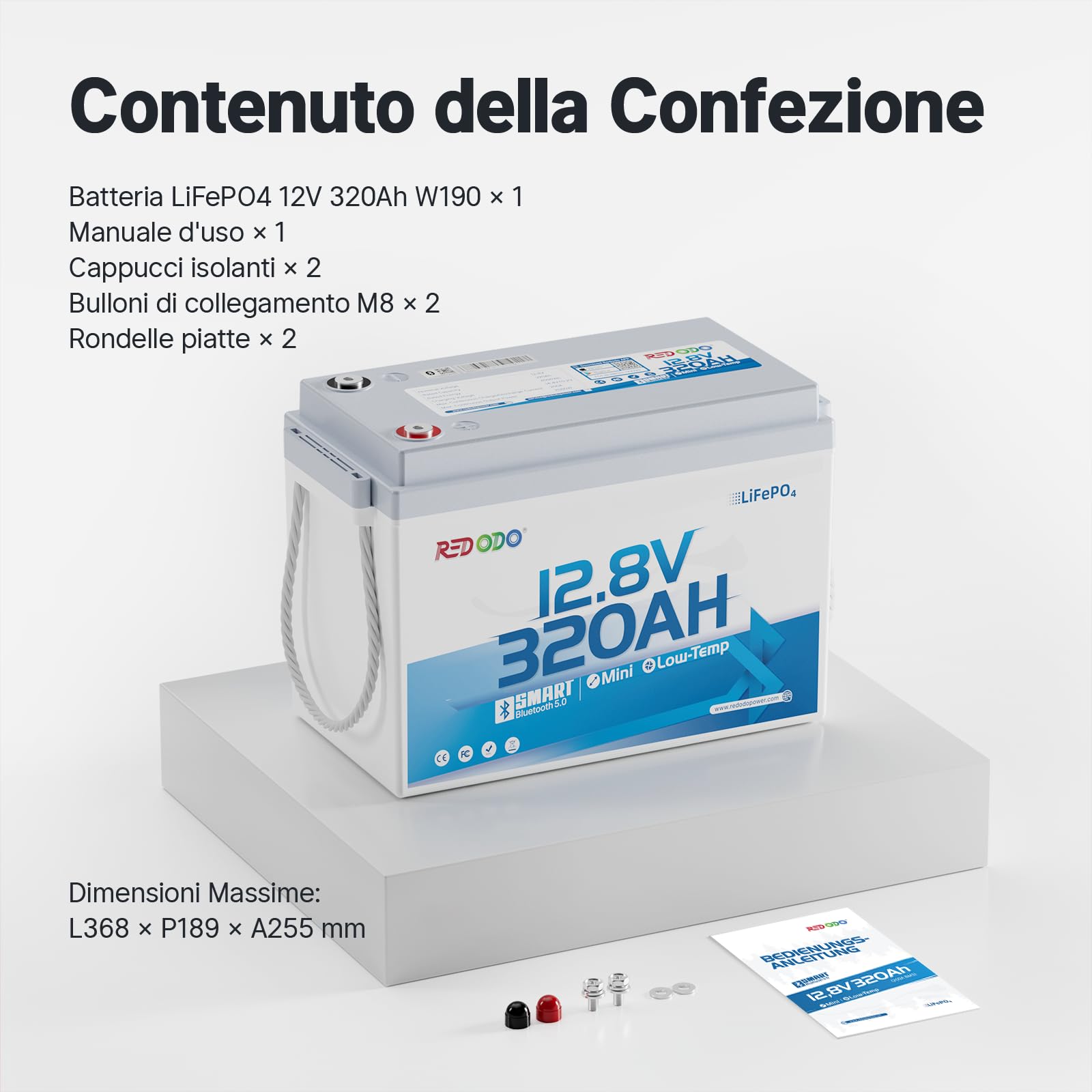 Redodo 12V 320Ah W190(1 PACK) Batteria LiFePO4 con Bluetooth 4096Wh Batteria Litio con BMS 200A Monitoraggio via APP per Camper/Barche/Cabine Off-Grid/Emergenze Domestiche
