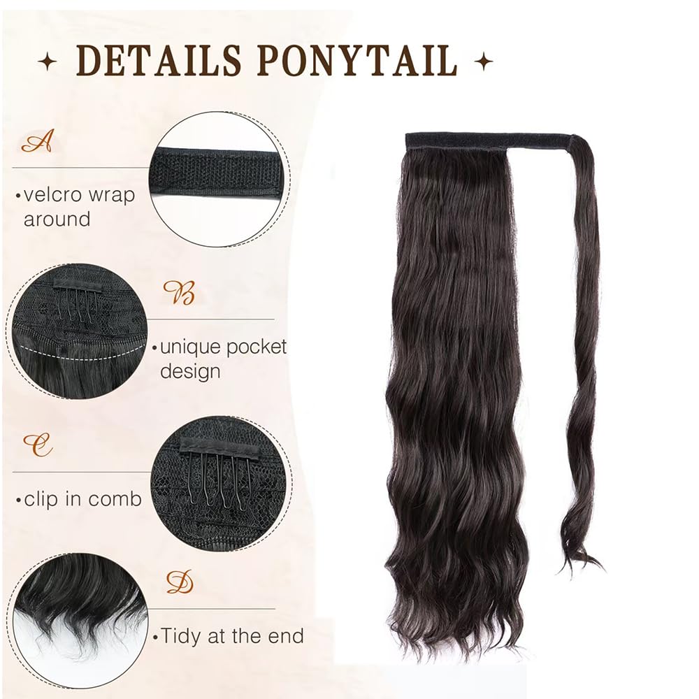 Wavy Ponytail Extension, Wrap Around Ponytail Hair Extensions, Long Pony Tail Hair Extension (6A# Dark brown, 22inch wavy) - Image 2