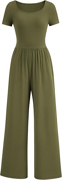 PRETTYGARDEN Women's Summer One Piece Jumpsuits Dressy Casual Short Sleeve Square Neck Wide Leg Jumpsuit Rompers