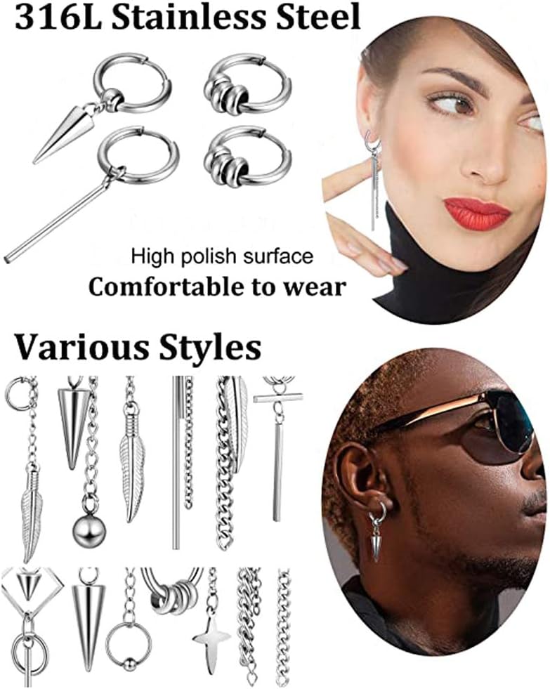 20 Pcs Stainless Steel Huggie Hinged Hoop Earrings, Women Kpop Dangle Earrings Jewelry