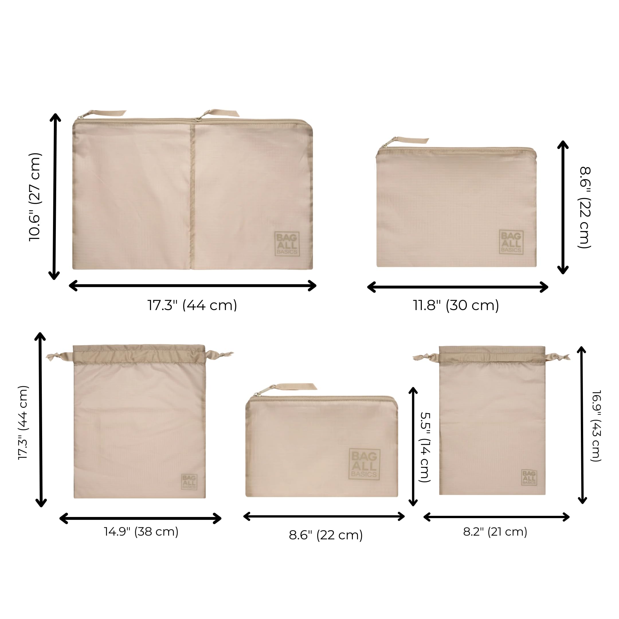 Bag-all Packing Cubes Zestaw z nylonu pochodzącego z recyklingu – 5-częściowy zestaw organizerów podróżnych, worki kompresyjne i torby na walizki i szafy na ubrania, sortowanie ubrań, bielizny i
