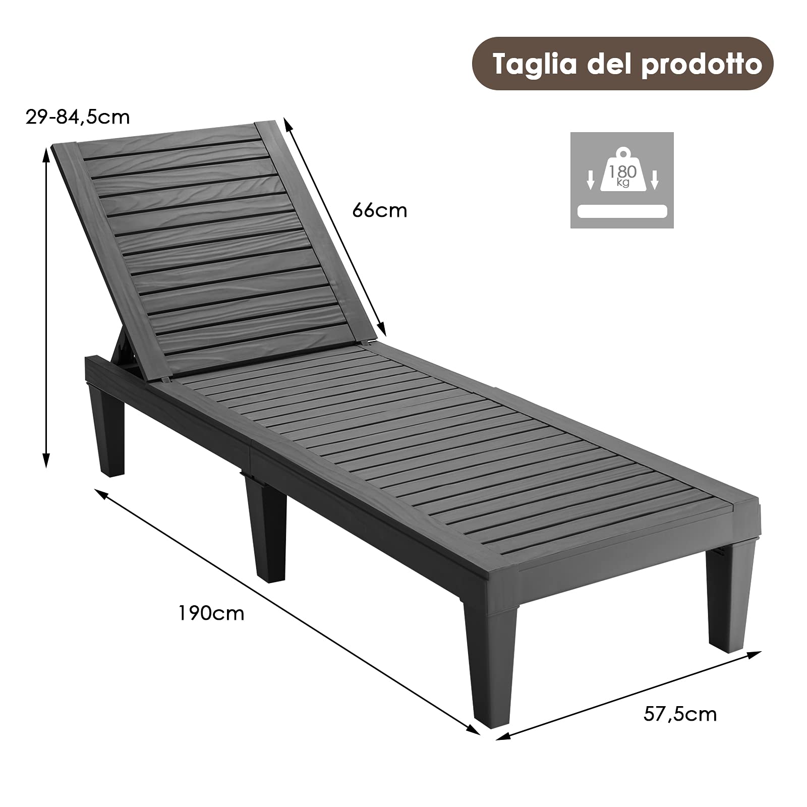 COSTWAY Lettino Prendisole da Giardino, Sdraio da Giardino Con Schienale Regolabile a 5 Livelli, Chaise Longue Impermeabili da Esterno, per Spiaggia Piscina Giardino, Portata 180 kg (1, Nero)