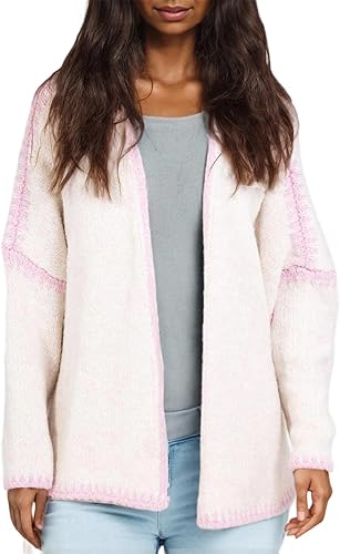 LKOUS Women's Beige Oversized Cardigan Sweater Open Front Contrast Stitch Knit C