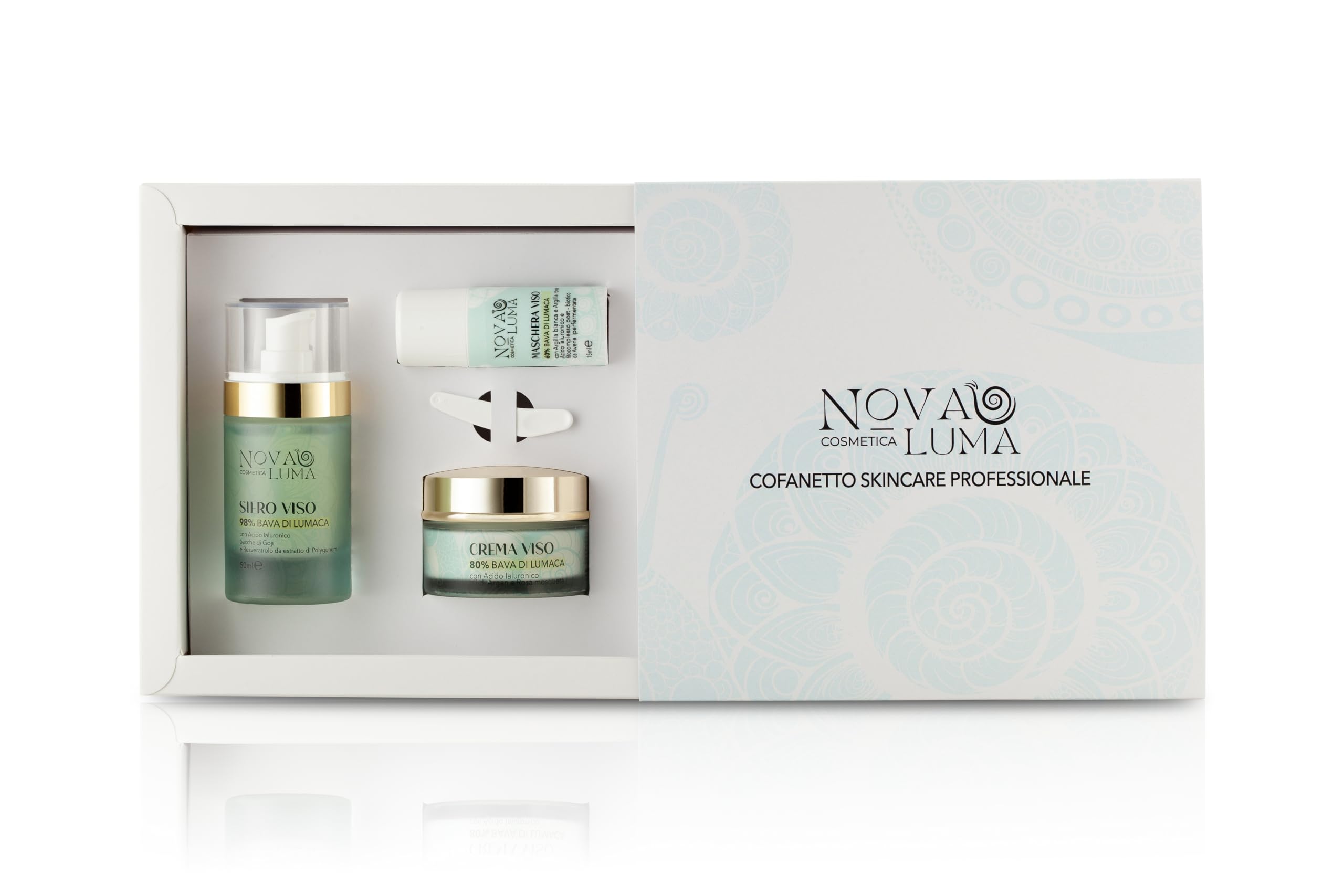 Nova Luma - 3 in 1, Siero e Crema con Bava Di Lumaca 98% e 80% Acido Ialuronico Antirughe e Aloe Vera con Maschera Viso 60% Contorno Occhi,Burro di Karitè,Olio d'Oliva