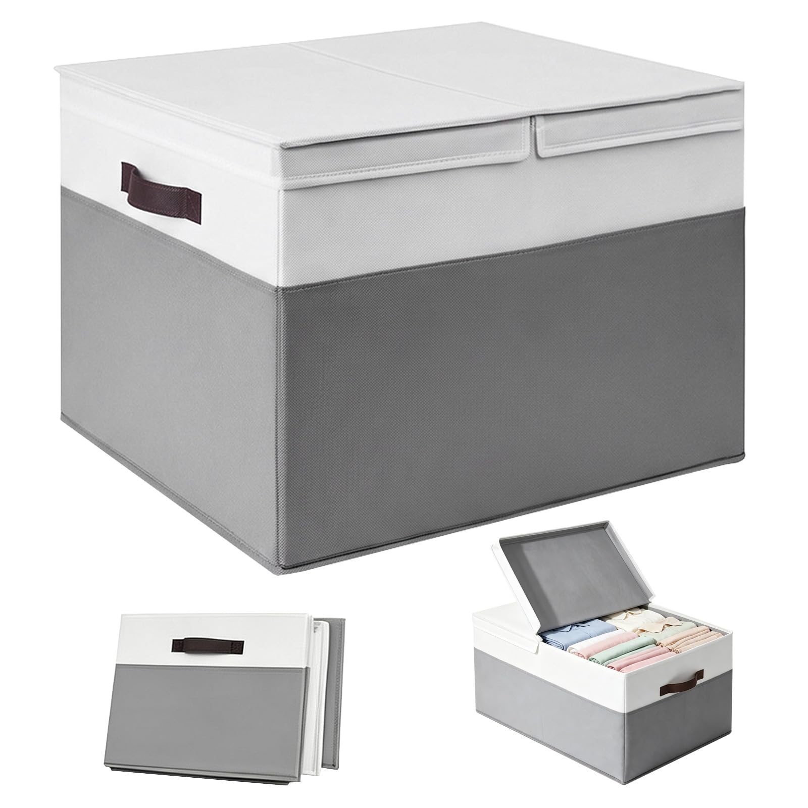 Large Wardrobe Storage Boxes with Lids, 68L Foldable Clothes Storage Boxes, Collapsible Storage Box with Handles Smart Space Storage Boxes for Clothes, Books, Blankets Quilts-White & Grey, 56x40x30cm