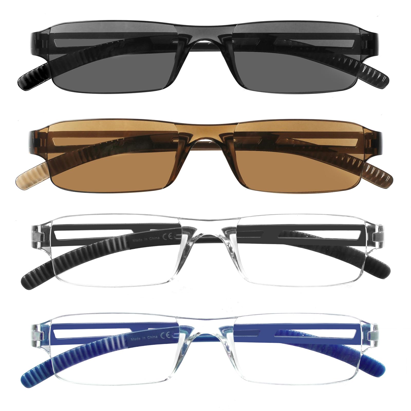 COJWIS 4er-Pack Rahmenlose Lesebrille für Damen und Herren Leicht und Bequem Anti Blaulicht Lesehilfe /TR90 Brille (1Schwarz 1Blau 2Sonnenbrillen, 3.50, multiplier_x)