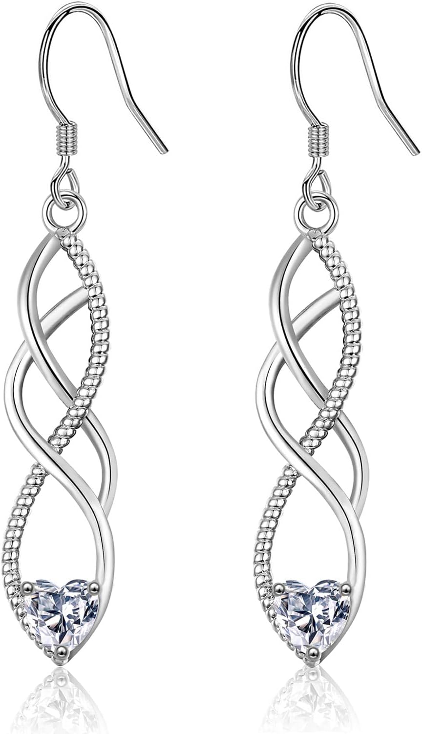 Sterling Silver Drop Earrings for Women Girl, Silver Dangle Earrings with Cubic Zirconia│Twisted Linear Hypoallergenic Earring for Sensitive Ears│Jewellery Gift for Birthday Anniversary Christmas