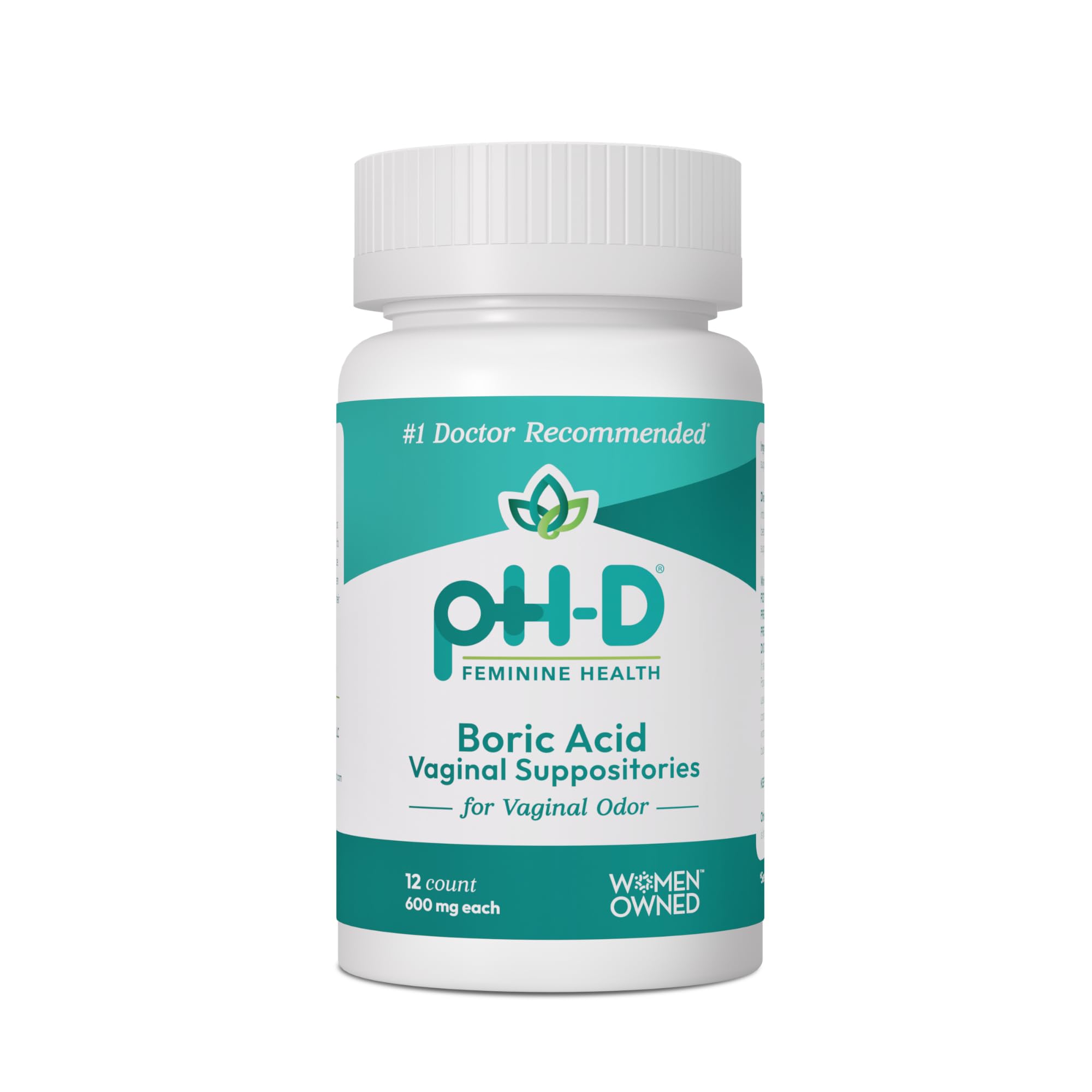 pH-D Feminine Health Support - 600 mg Boric Acid Suppositories - Woman Owned - for Vaginal Odor Use - 12 Count