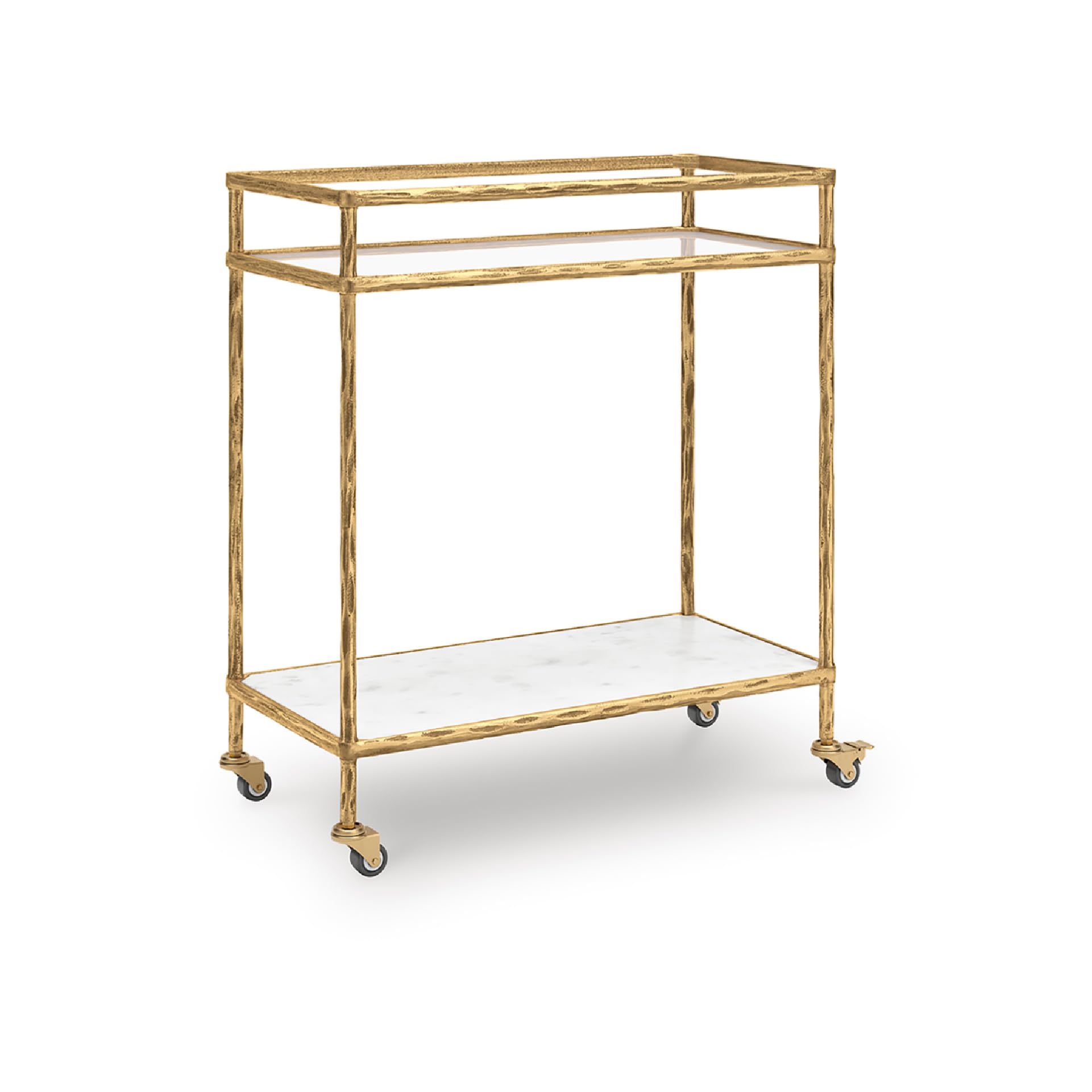 Signature Design by Ashley Plattfield Casual Antiqued 2-Tier Bar Cart with Casters, for Kitchen and Dining Room, Metallic & White