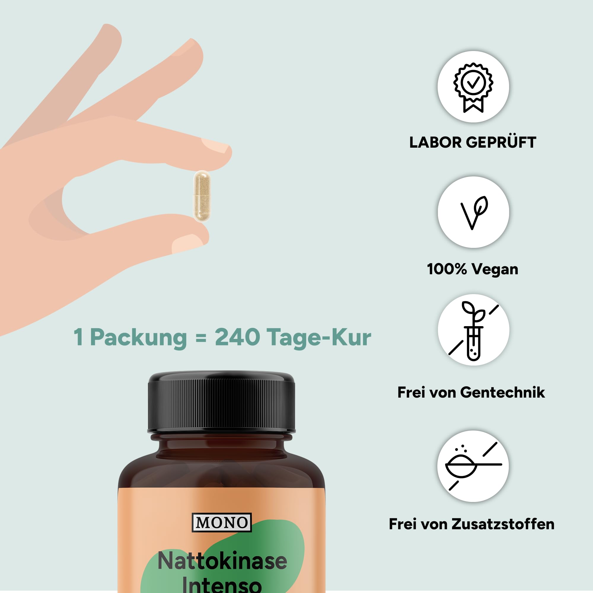 MONO Nattokinase hochdosiert - 240 Kapseln - 60.000 FU/g - natürliche Fermentation aus Sojabohnen - Endprodukt sojafrei – Nattokinase mit 2.800 FU/Kapsel - höchste Enzymaktivität - ohne Zusätze