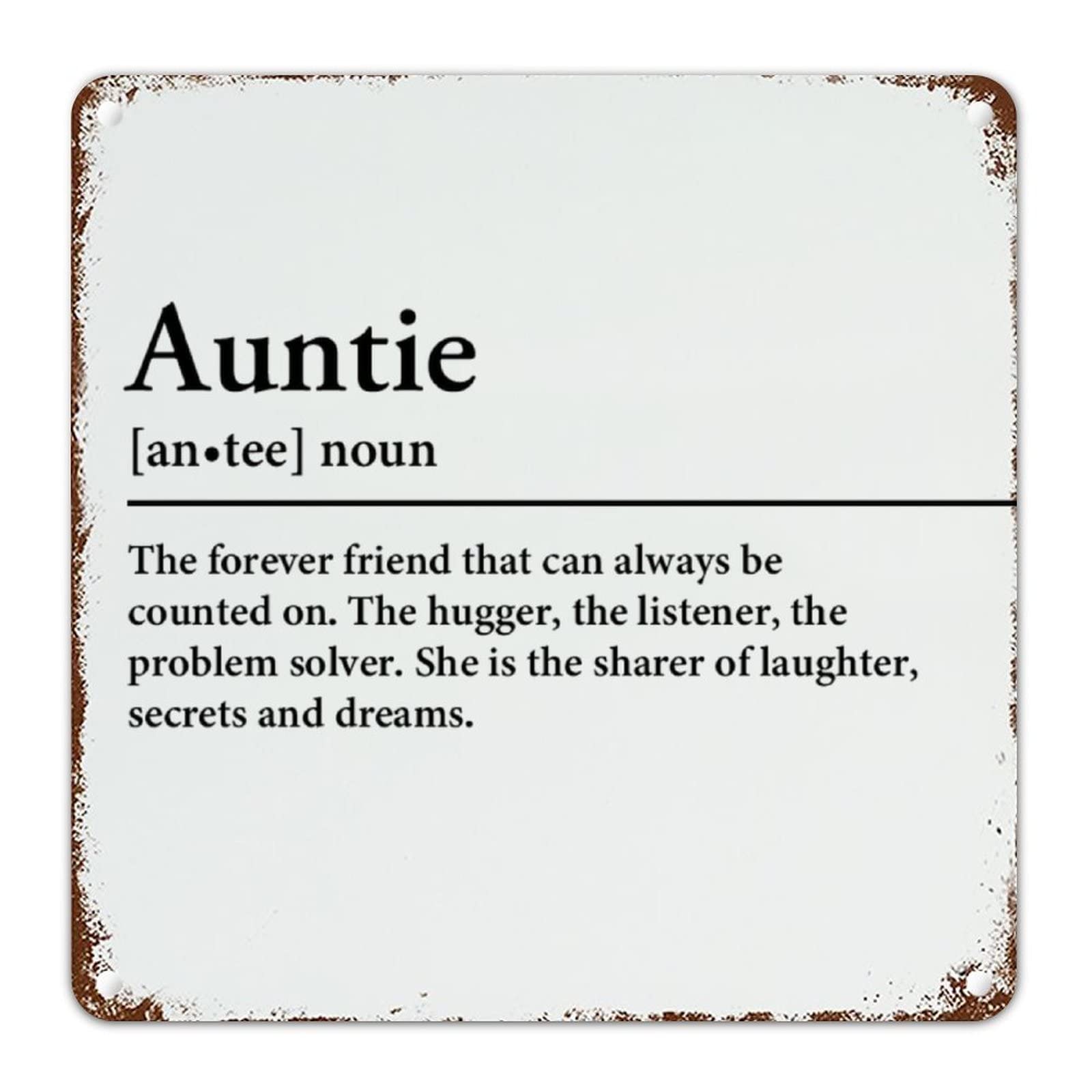CowkissSign Auntie Noun Definition Metal Tin Sign Auntie Definition Family Metal Sign Typography Post Print Vintage Metal Wall Decor for Front Porch Living Room Bedroom 10x10in Birthday Gift
