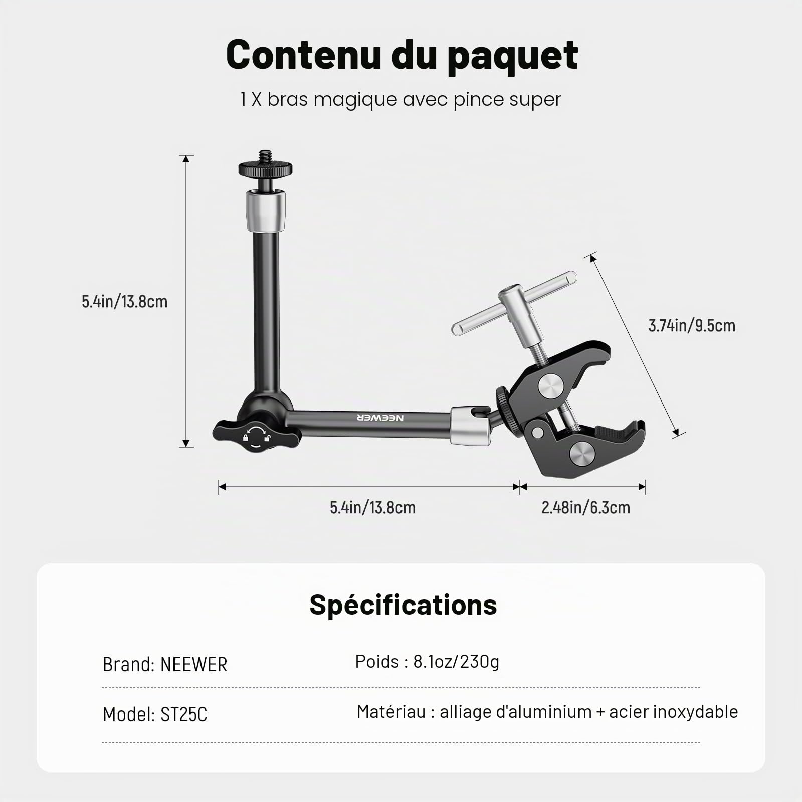 NEEWER Bras Magique Réglable 25cm/9,8" avec Super Pince, Filetages 1/4" & 3/8", Vis 1/4" pour Flash/Éclairage LED/Micro/Moniteur, Compatible avec SmallRig, Charge Maximale: 2kg, ST25C